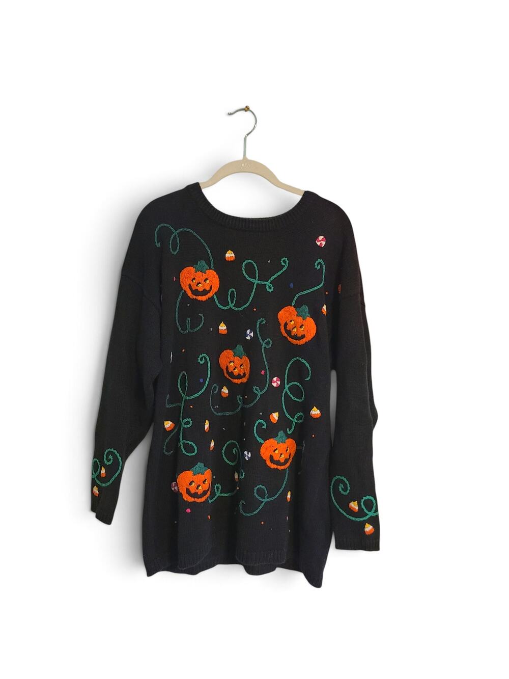 Vintage 80s Orange Halloween Maximalist  Embroidered Sweater Jack O Lantern